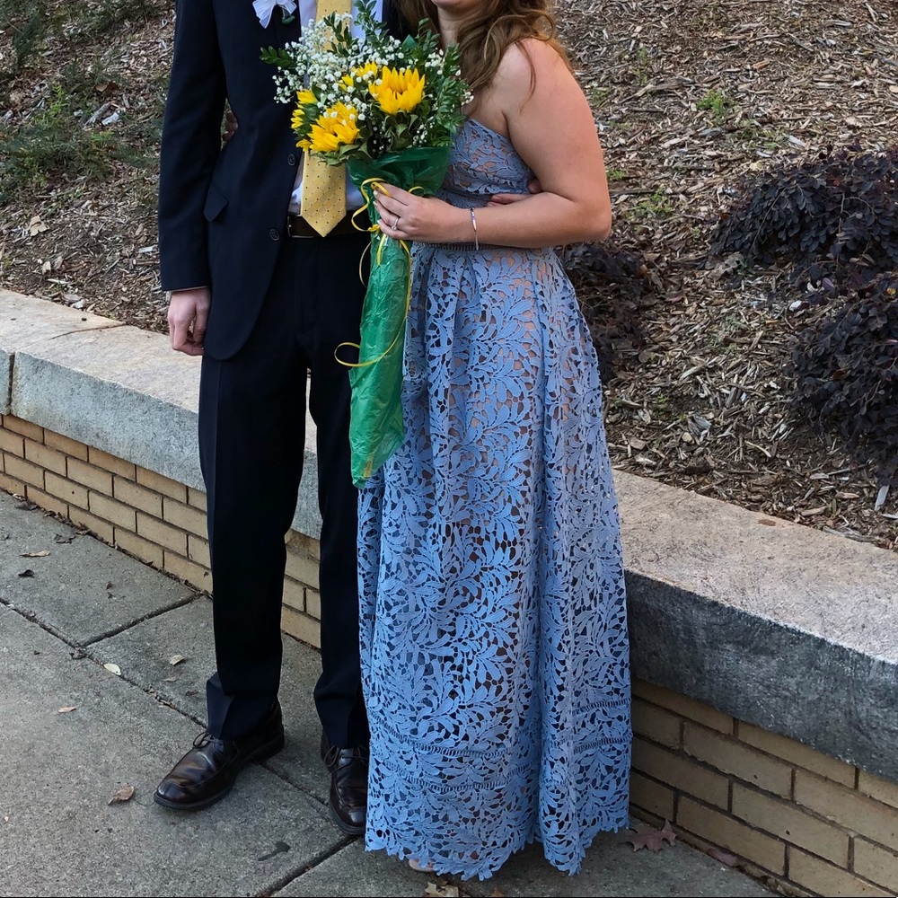 Blue lace/cutout floor length dress (boutique)